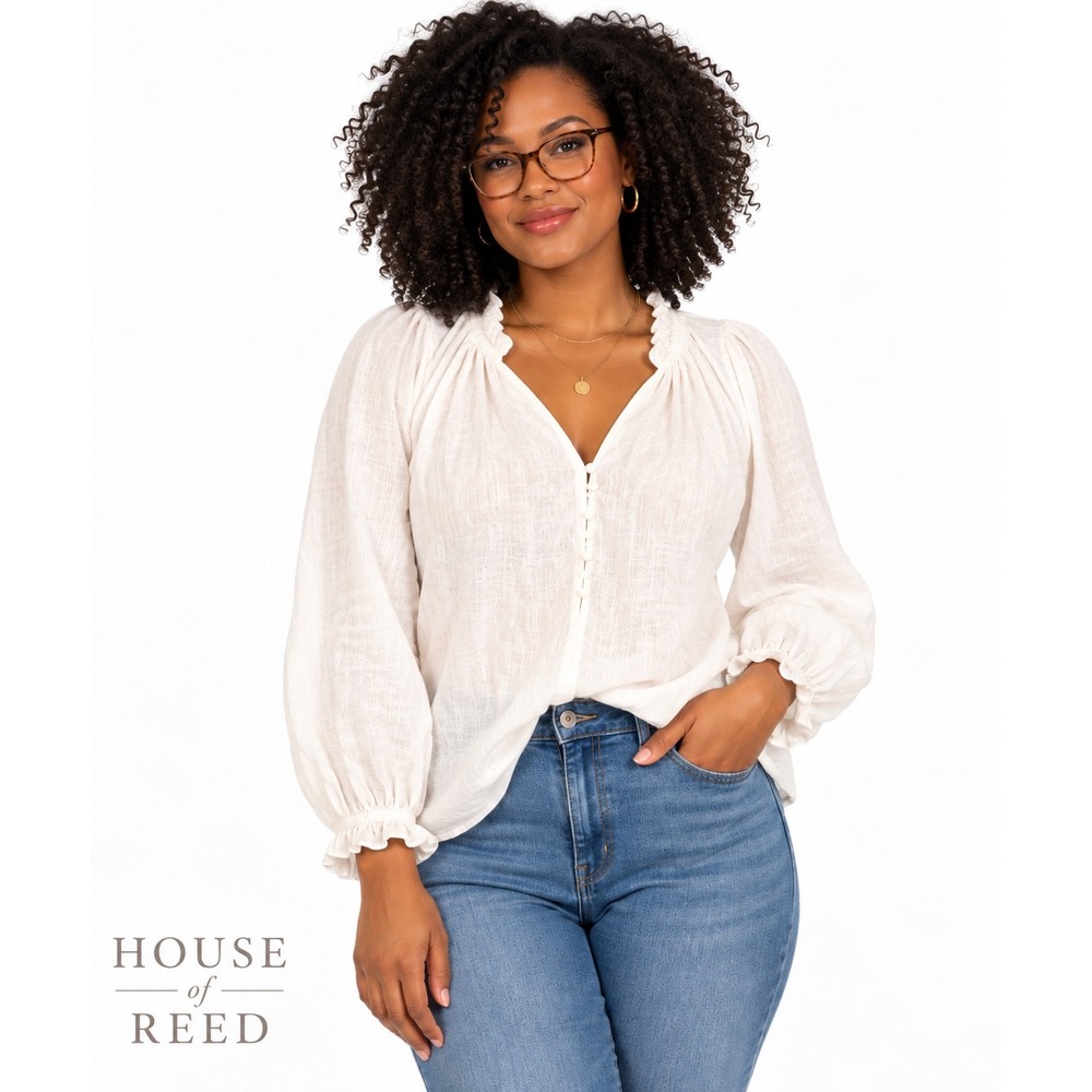 Maeve Anthropologie White 100% Linen Ruffle Neck Button Front Blouse Large